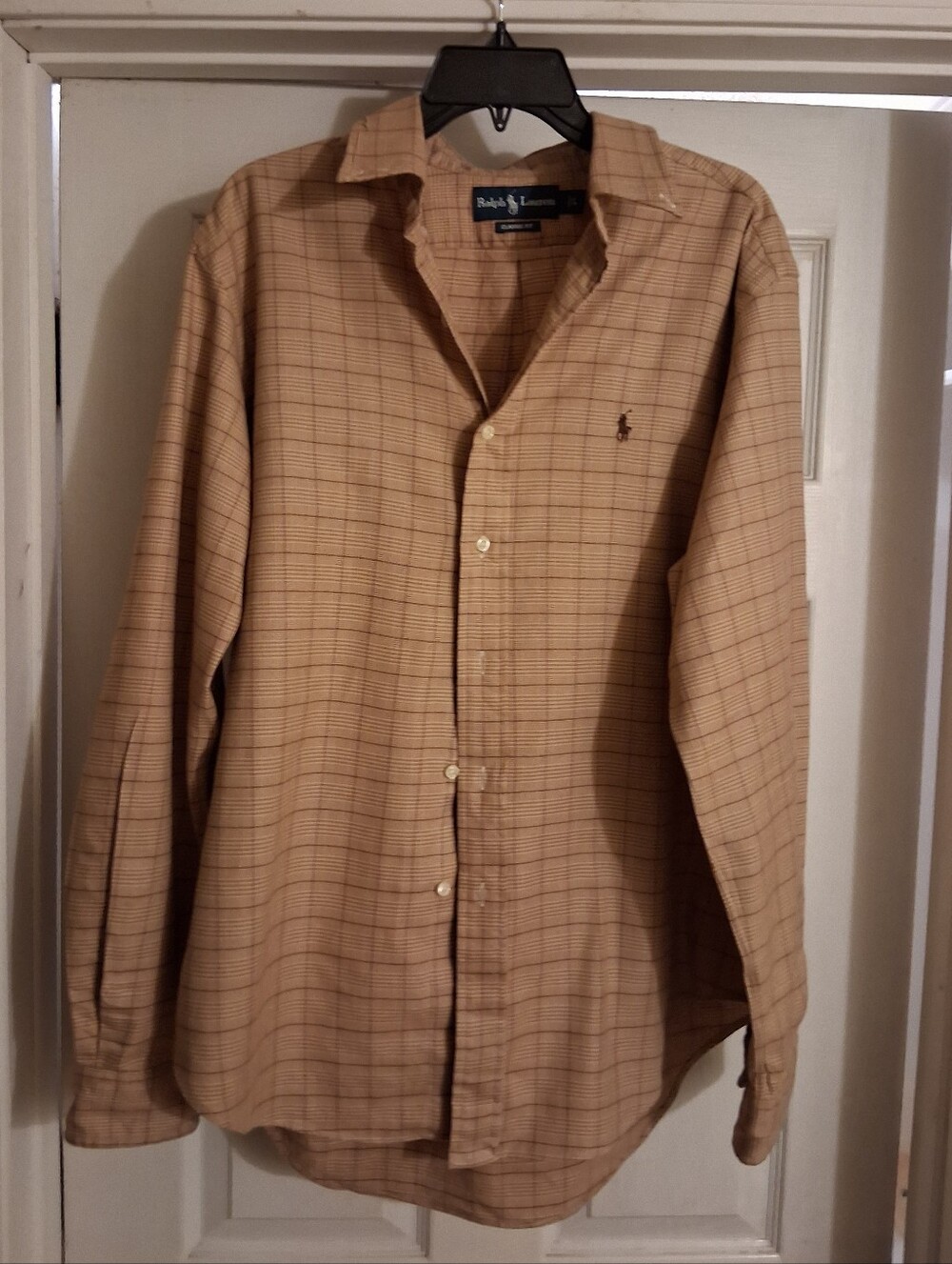 Ralph Lauren Men’s Tan Plaid Button-Down Shirt with Polo Logo